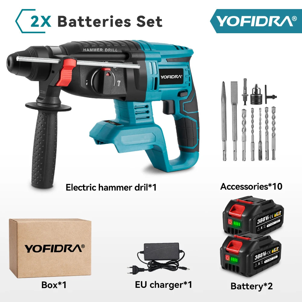 YOFIDRA 26mm Brushless Cordless Rotary Hammer – Multifunction Impact Drill for Makita Battery Pin