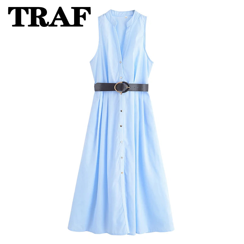TRAF Fashion V-Neck Sleeveless Midi Dress for Women