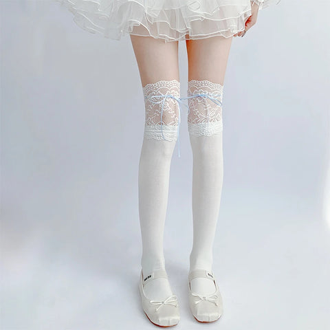 Cute White Lace Tied Ribbon Velvet Over Knee Socks for Women