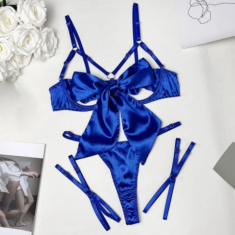 3-Piece Cut Out Bow Lingerie Set - Satin Erotic Underwear Nightwear in 4 Colors