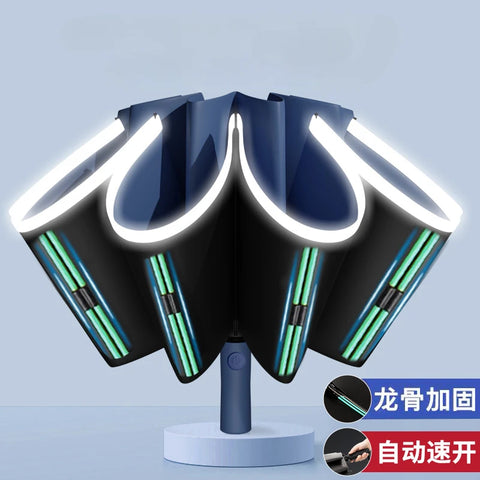 Fully Automatic Reverse Folding Blackout Umbrella with Reflective Stripe - UV Blocking Windproof Parasol