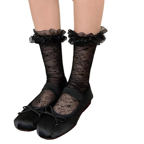 Women’s Lolita Transparent Mesh Crew Socks with Ruffled Lace Trim and Bowknot