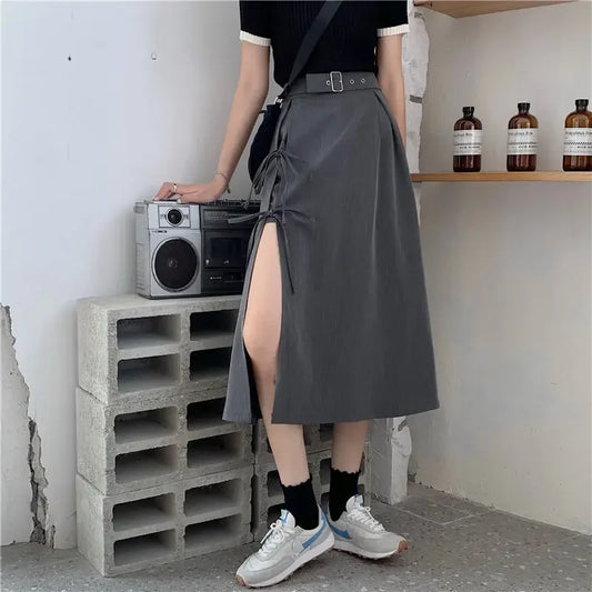 Vintage Dark Gothic High Split Mid-Calf Skirt for Women - Elegant Fashion for Parties and Clubs