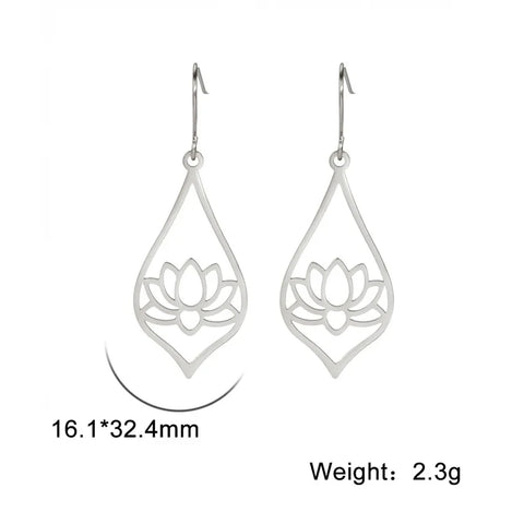 Skyrim Lotus Flower Rhinestone Dangle Earrings - Gold Stainless Steel Bohemian Jewelry for Women