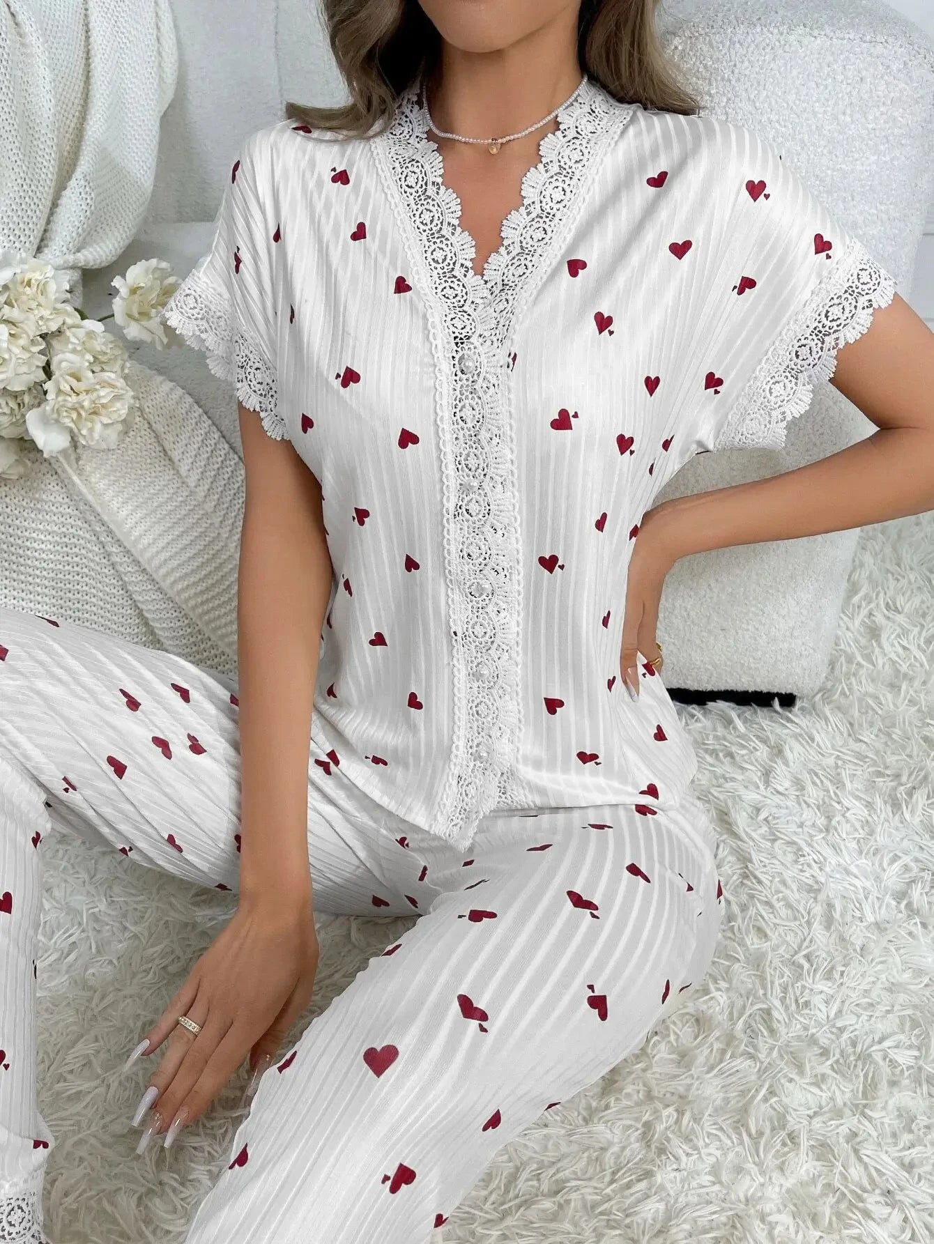 Cherry Print Lace Trim Pajama Set