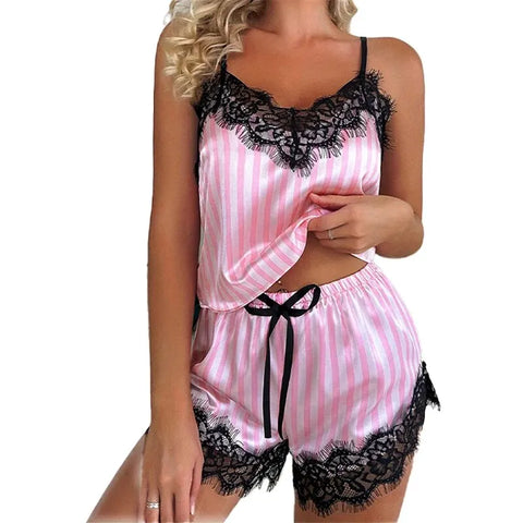 Tweedelige pyjamabroekset met V-hals en jarretels voor dames