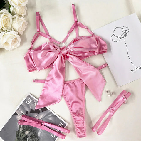 3-Piece Cut Out Bow Lingerie Set - Satin Erotic Underwear Nightwear in 4 Colors