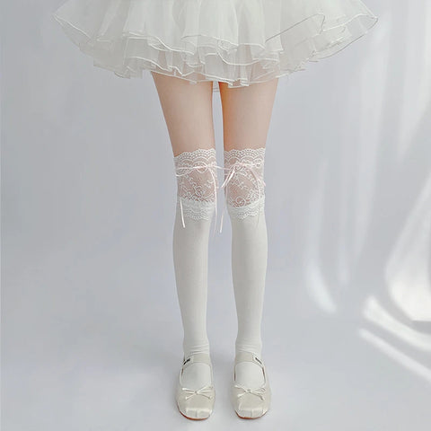 Cute White Lace Tied Ribbon Velvet Over Knee Socks for Women