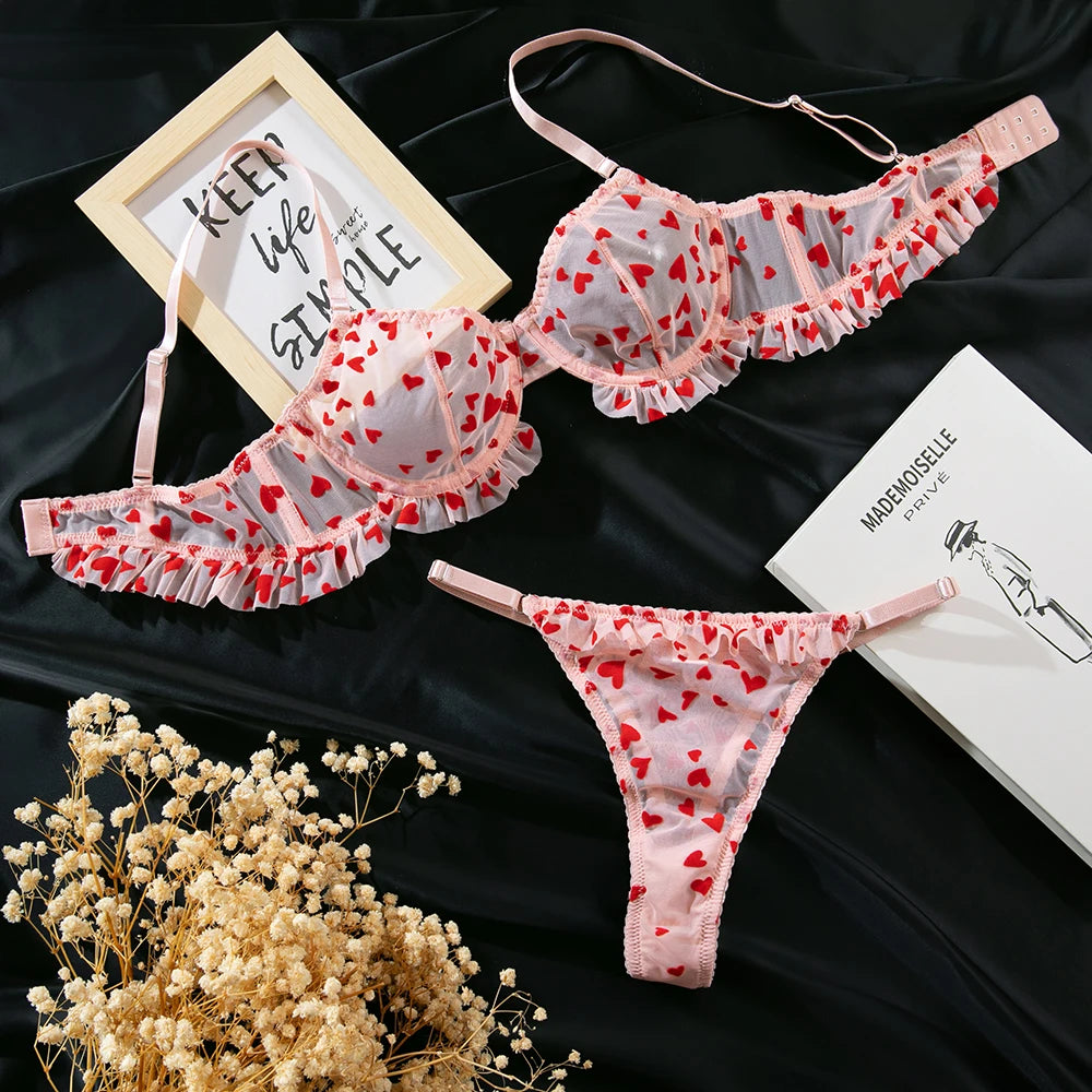 Heart Flocked Lingerie Set - Elegant Bra and Brief Intimates for Women