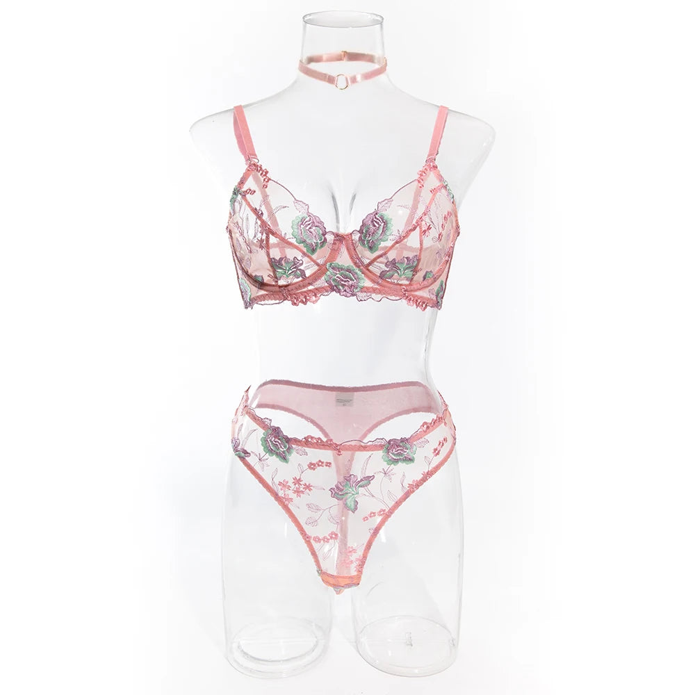 Embroidery Lingerie Set for Women - Floral Boho 3-Piece Bra and Panty Underwear Set