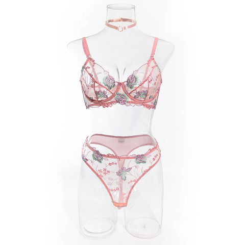 Embroidery Lingerie Set for Women - Floral Boho 3-Piece Bra and Panty Underwear Set