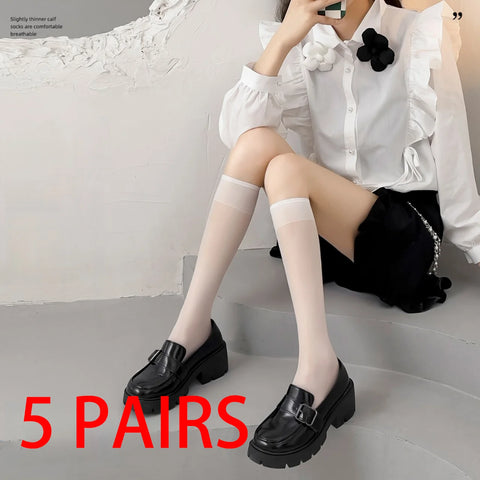 1/5 Pairs Summer Over The Knee Women's Socks – Stylish Calf Socks in White/Black for Cosplay and Everyday Wear