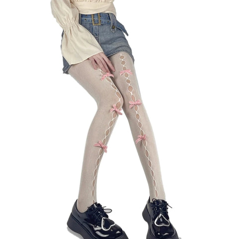 Women’s Lolita Fishnet Thigh High Socks - Japanese Style Heart Striped Lace Patterned Over Knee Long Stockings