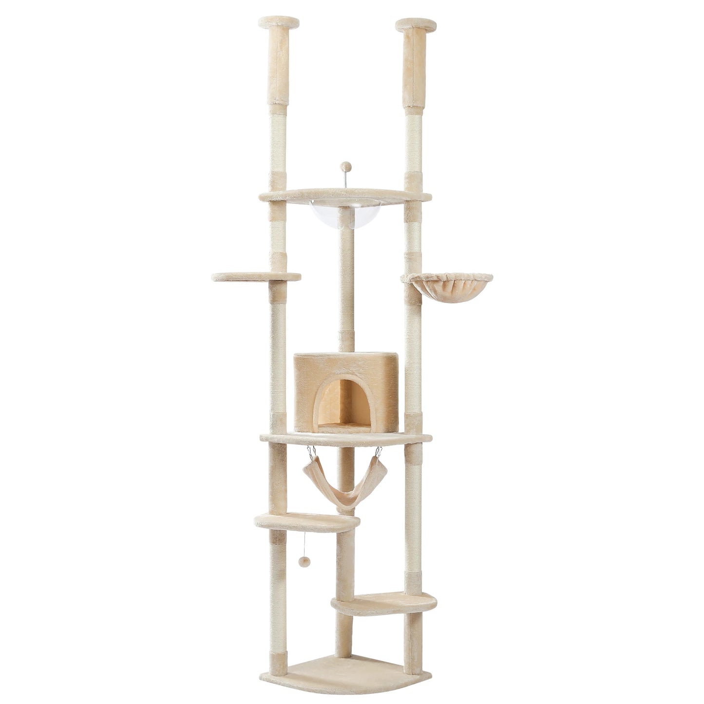 Floor to Ceiling Cat Tree - Adjustable Cat Tower with Cozy Condo, Scratching Posts, and Hammock