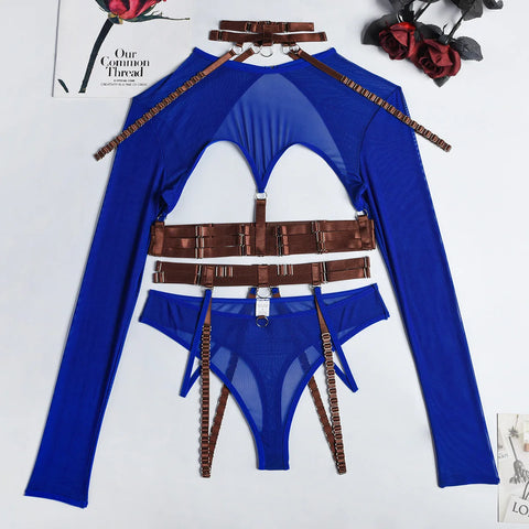 4-Piece Gothic Lingerie Set for Women - 11 Colors - Backless Fancy Black Halter Mesh Bandage Exotic Sets