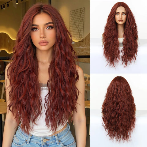 EASIHAIR Long Wavy Brown Synthetic Wigs for Women - Natural Curly Hair with Bangs for Daily Use and Cosplay
