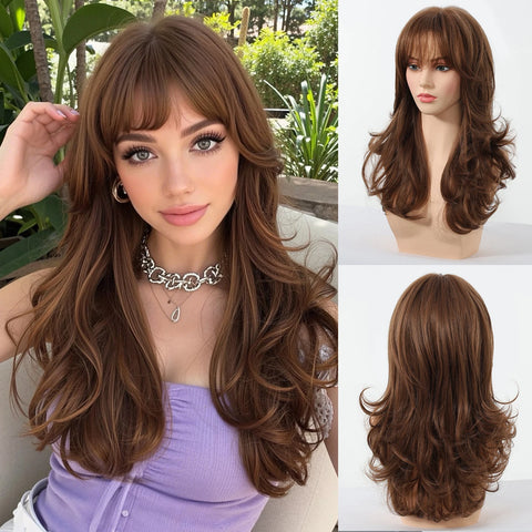 EASIHAIR Long Wavy Brown Synthetic Wig for Women with Side Bangs - Natural Look, Heat Resistant for Daily Wear