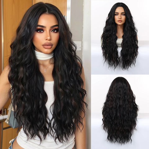 EASIHAIR Long Wavy Brown Synthetic Wigs for Women - Natural Curly Hair with Bangs for Daily Use and Cosplay