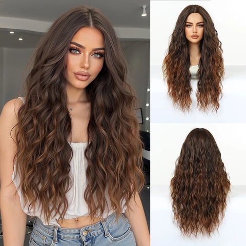EASIHAIR Long Wavy Brown Synthetic Wigs for Women - Natural Curly Hair with Bangs for Daily Use and Cosplay