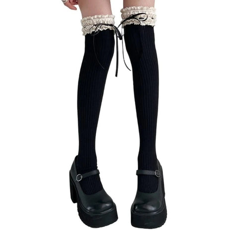 Women’s Lolita Fishnet Thigh High Socks - Japanese Style Heart Striped Lace Patterned Over Knee Long Stockings