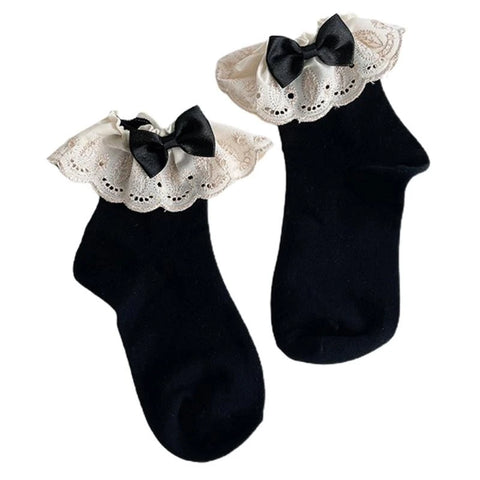 Women’s Lolita Transparent Mesh Crew Socks with Ruffled Lace Trim and Bowknot