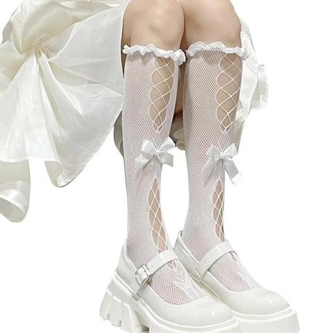 Women’s Lolita Fishnet Thigh High Socks - Japanese Style Heart Striped Lace Patterned Over Knee Long Stockings