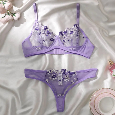 Elegant New Wine See-Through Lingerie Two-Piece Set with Thong and Push-Up Bra