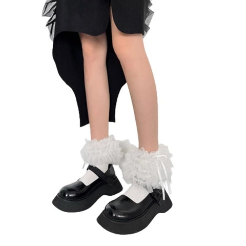 Women’s Lolita Transparent Mesh Crew Socks with Ruffled Lace Trim and Bowknot