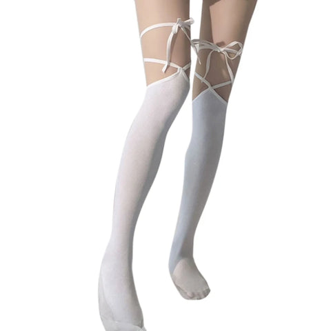Women’s Lolita Fishnet Thigh High Socks - Japanese Style Heart Striped Lace Patterned Over Knee Long Stockings