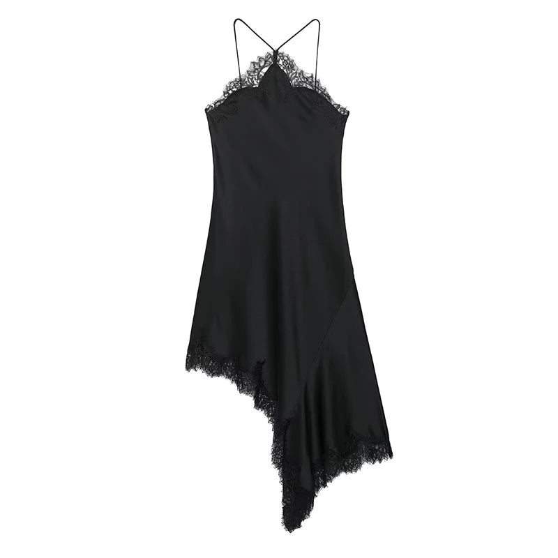 TRAF Women Sexy Lace Satin Halter Long Dress