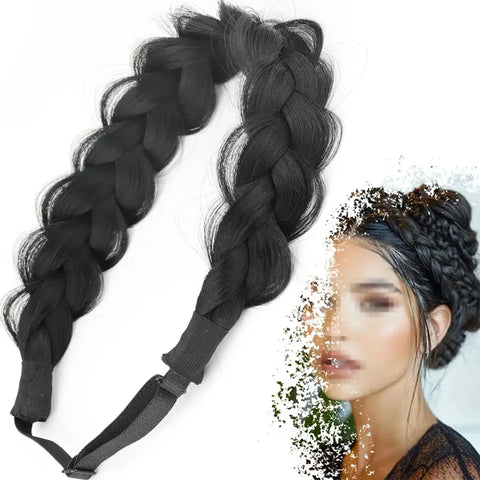Synthetic 16-Inch Black Braided Headband with Elastic Band for Women