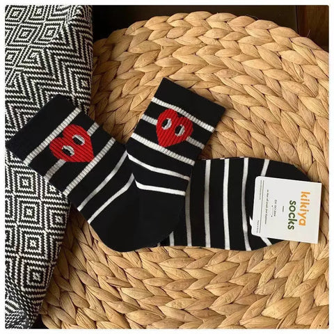 Korean Black and White Striped Polka Dot Casual Sports Socks