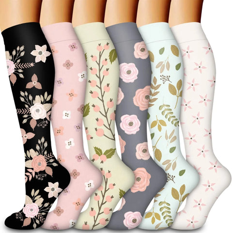 6 Pairs of Floral Pattern Compression Stockings for Men & Women - Ideal for Edema and Varicose Veins