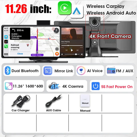 11,26 Zoll 4K Auto-DVR-Dash-Videorecorder mit Wireless Carplay &amp; Android Auto