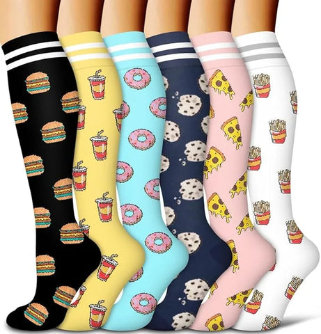 6 Pairs of Floral Pattern Compression Stockings for Men & Women - Ideal for Edema and Varicose Veins