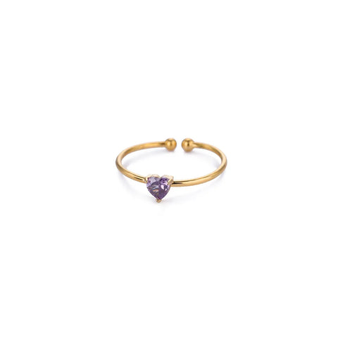 Zircon Heart Birthstone Rings for Women - Adjustable Gold Color Stainless Steel Wedding Jewelry Gift