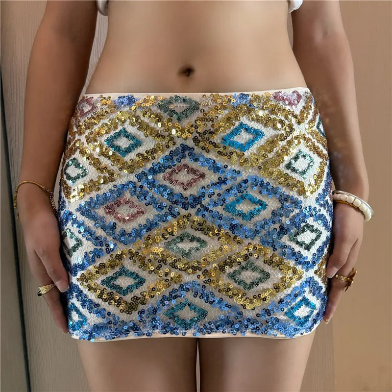 Hirigin Women Y2K Sparkly Sequin Mini Skirt – Glitter Festival Party Clubwear