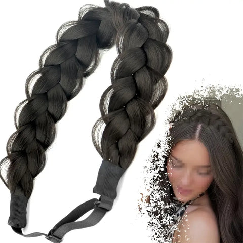 Synthetic 16-Inch Black Braided Headband with Elastic Band for Women