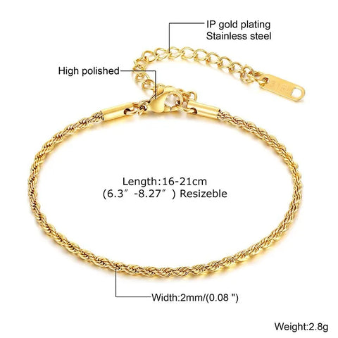 2-5MM Stainless Steel Rope Bracelets for Men Boys - Adjustable Gold Silver Links Wristband, Rock Punk Cool Jewelry Gift