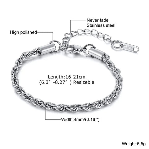 2-5MM Stainless Steel Rope Bracelets for Men Boys - Adjustable Gold Silver Links Wristband, Rock Punk Cool Jewelry Gift