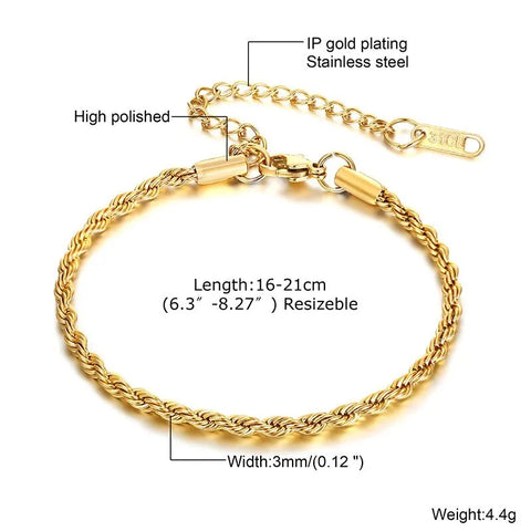 2-5MM Stainless Steel Rope Bracelets for Men Boys - Adjustable Gold Silver Links Wristband, Rock Punk Cool Jewelry Gift
