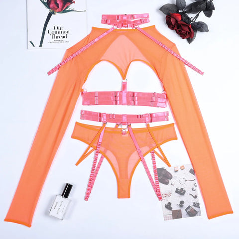 4-Piece Gothic Lingerie Set for Women - 11 Colors - Backless Fancy Black Halter Mesh Bandage Exotic Sets