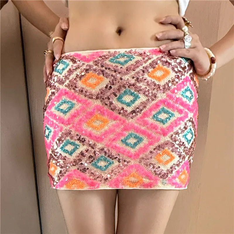 Hirigin Women Y2K Sparkly Sequin Mini Skirt – Glitter Festival Party Clubwear