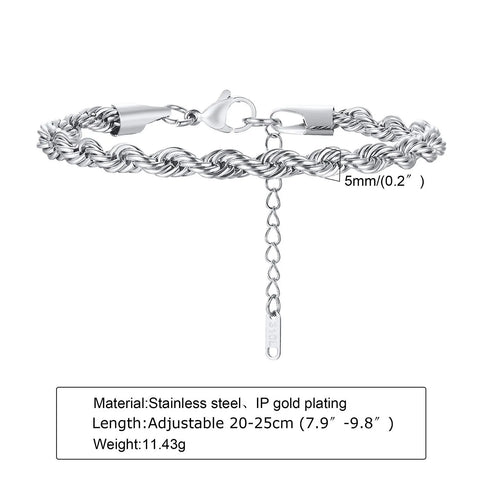 2-5MM Stainless Steel Rope Bracelets for Men Boys - Adjustable Gold Silver Links Wristband, Rock Punk Cool Jewelry Gift