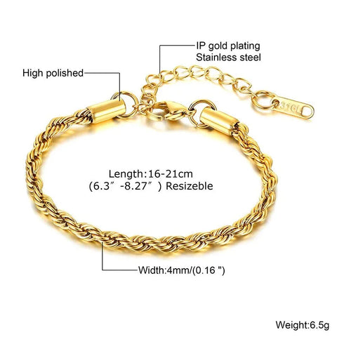 2-5MM Stainless Steel Rope Bracelets for Men Boys - Adjustable Gold Silver Links Wristband, Rock Punk Cool Jewelry Gift