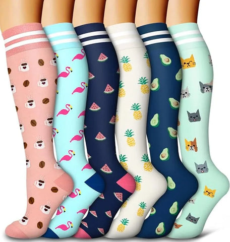 6 Pairs of Floral Pattern Compression Stockings for Men & Women - Ideal for Edema and Varicose Veins