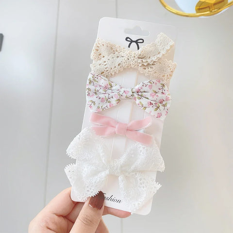 4Pcs/Set Floral Lace Hair Clip Set Girl Cute Bow FlowerTrimming Headwear Cartoon Hair Clips Hairpin Headdress Hair Accessories