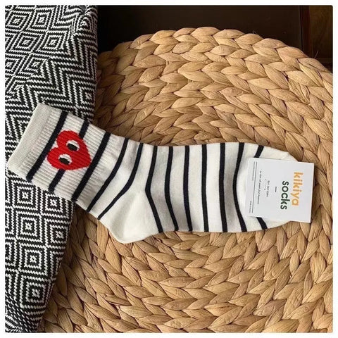 Korean Black and White Striped Polka Dot Casual Sports Socks