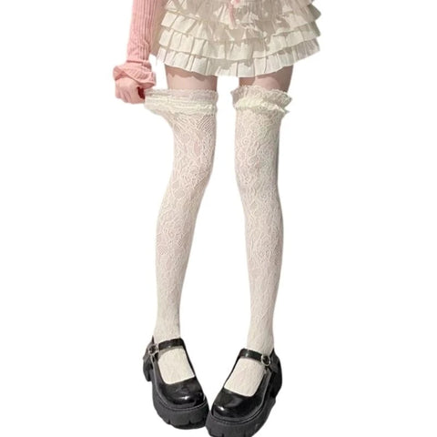 Women’s Lolita Fishnet Thigh High Socks - Japanese Style Heart Striped Lace Patterned Over Knee Long Stockings