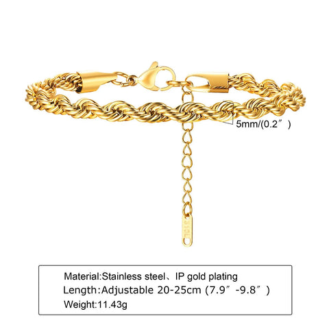2-5MM Stainless Steel Rope Bracelets for Men Boys - Adjustable Gold Silver Links Wristband, Rock Punk Cool Jewelry Gift